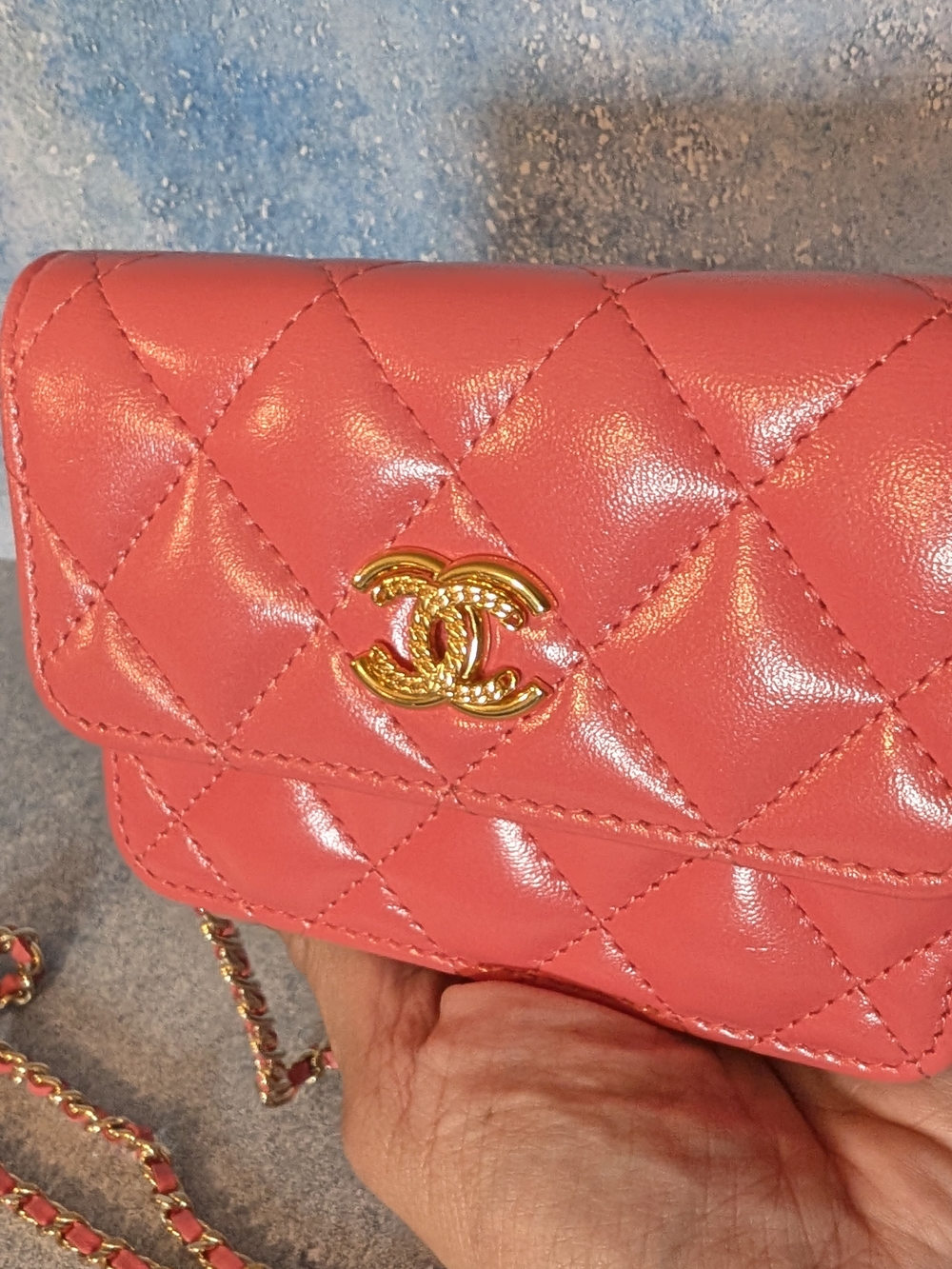 CHANEL Coral Pink Quilted Mini Bag / Wallet on Chain with Gold Hardware - Picture 8 of 16